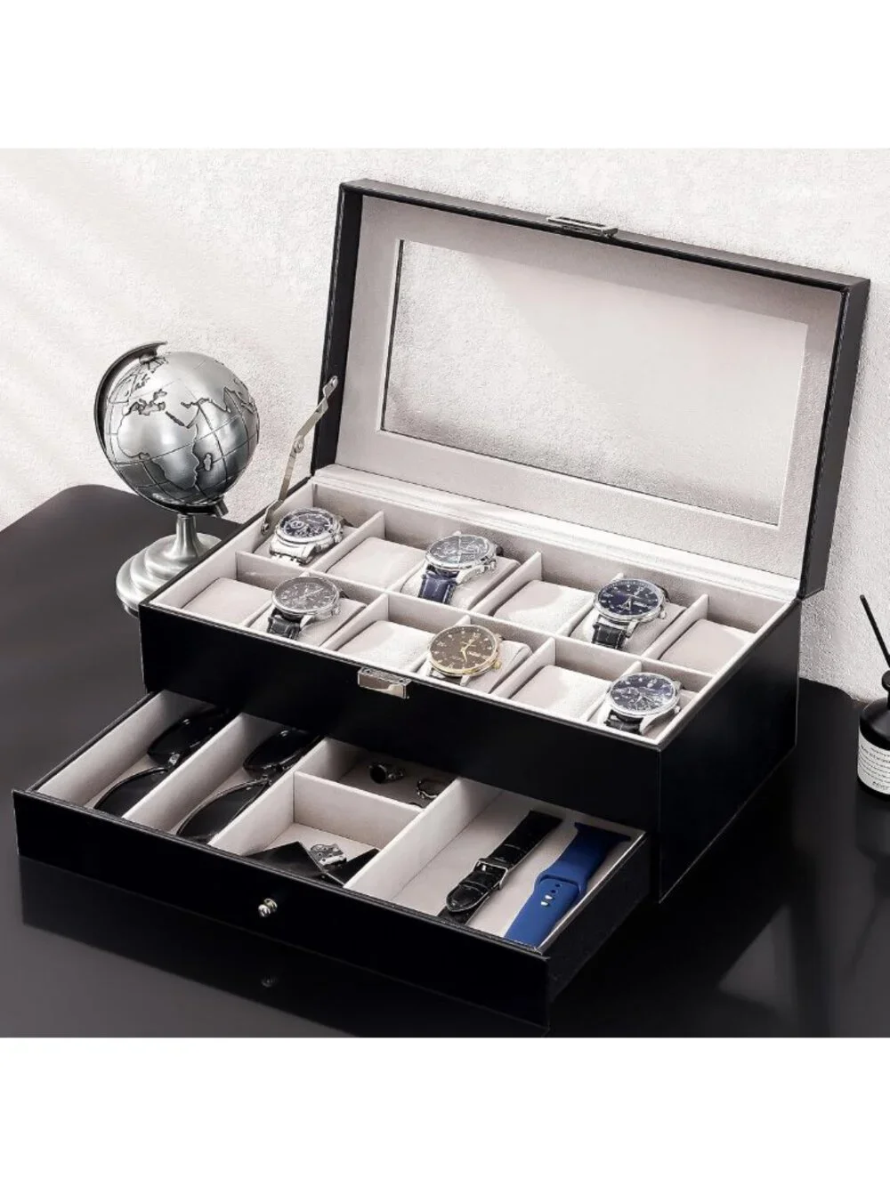 12-Slot Men's Watch Box Organizer with Drawer & Glass Lid - Jewelry Storage Gift